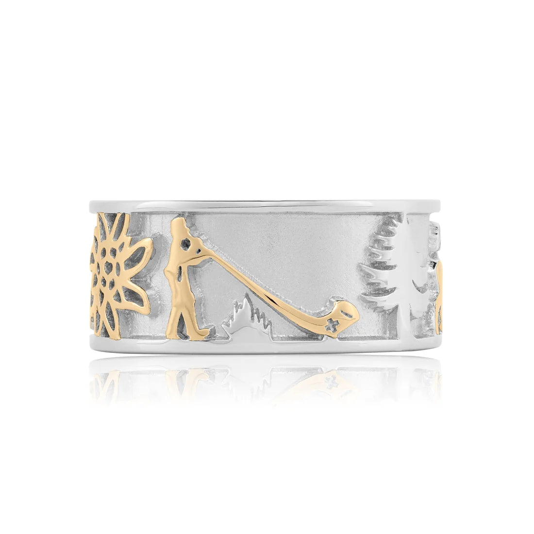 Zweifarbiger Sterlingsilber Ring mit Steinbock, Matterhorn, Edelweiß und Alphorn RG-7006-1