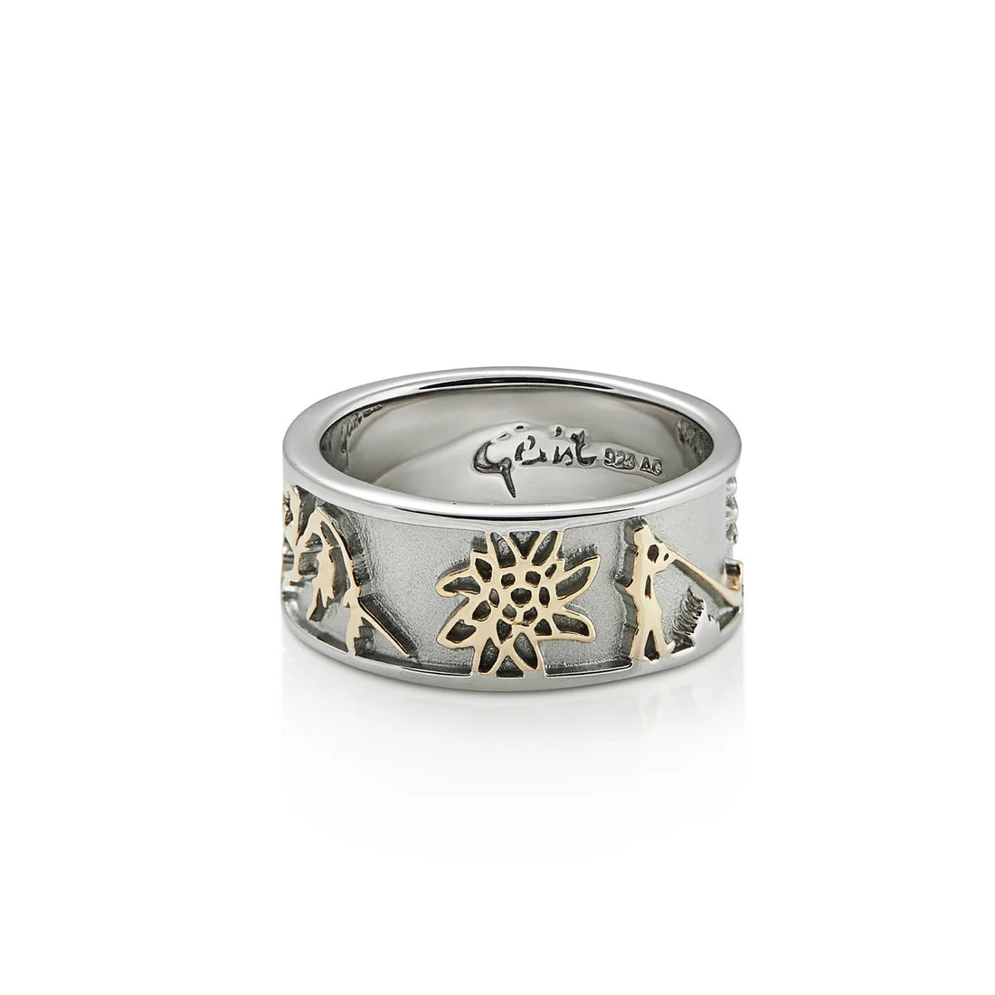 Zweifarbiger Sterlingsilber Ring mit Steinbock, Matterhorn, Edelweiß und Alphorn RG-7006-1