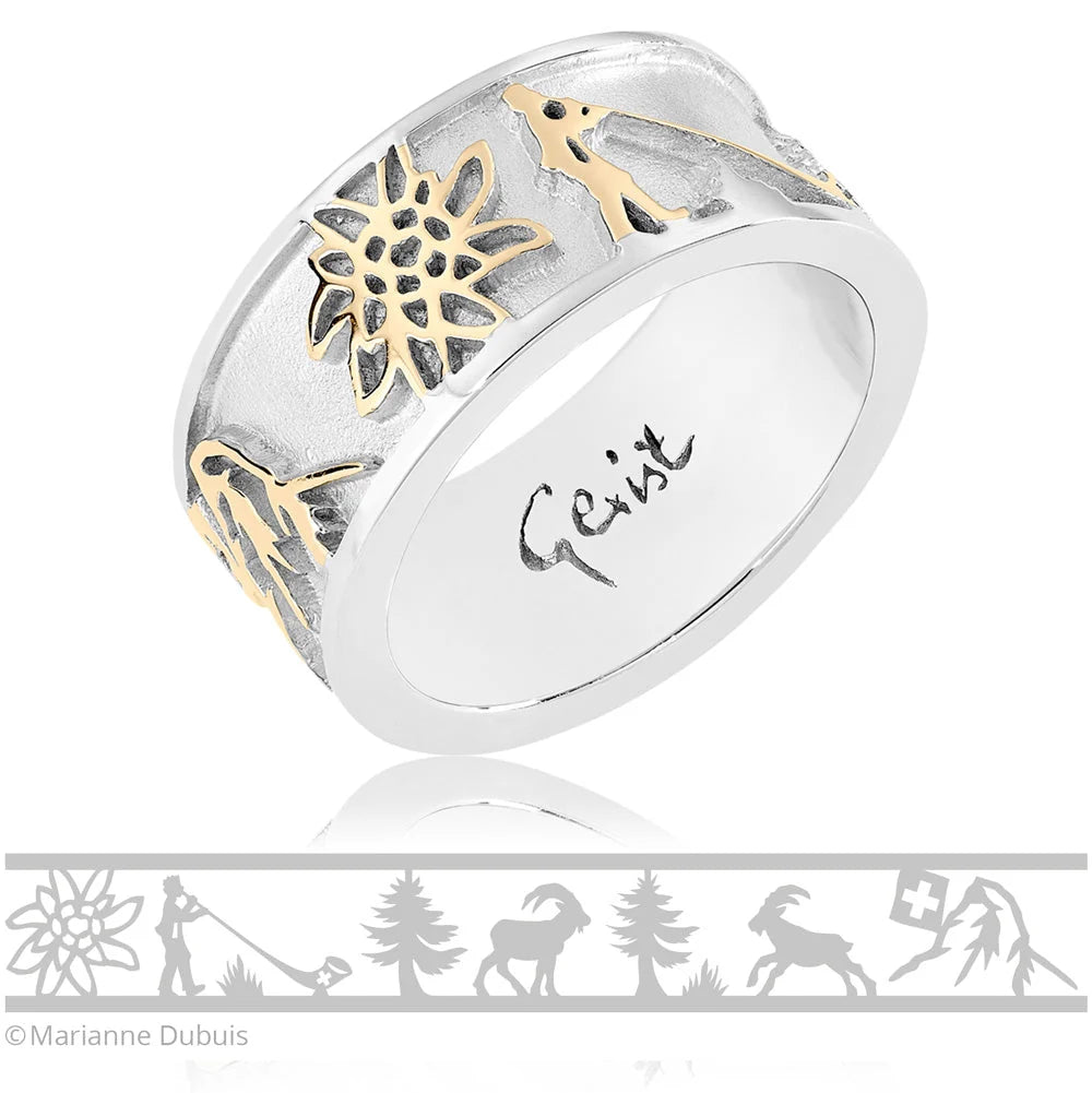 Zweifarbiger Sterlingsilber Ring mit Steinbock, Matterhorn, Edelweiß und Alphorn RG-7006-1