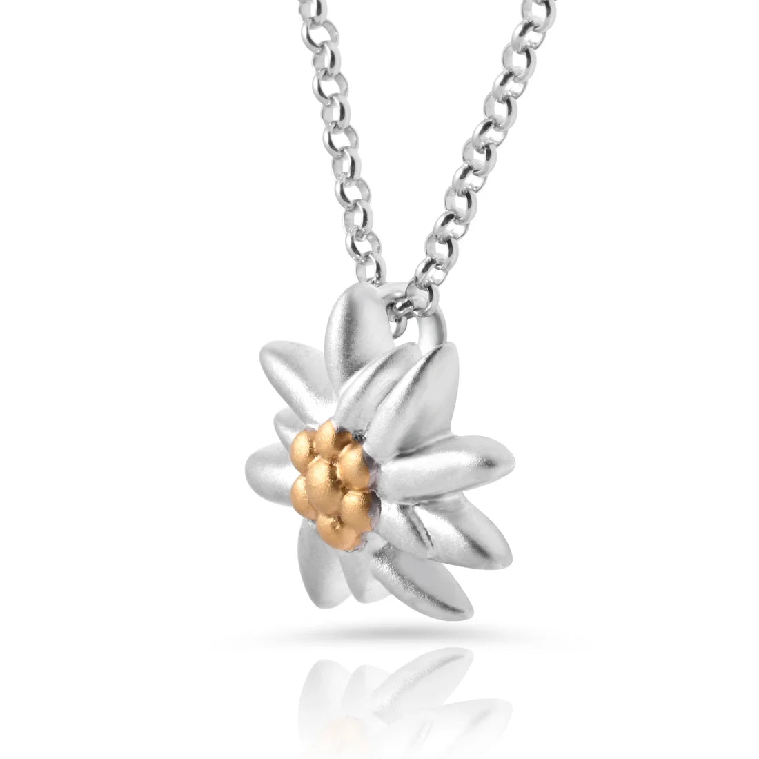 Halskette mit Edelweiss-Anhänger aus bicolor, rhodiniertem Satin und Gelbgoldplattierung die den Edelweiss NG-8024