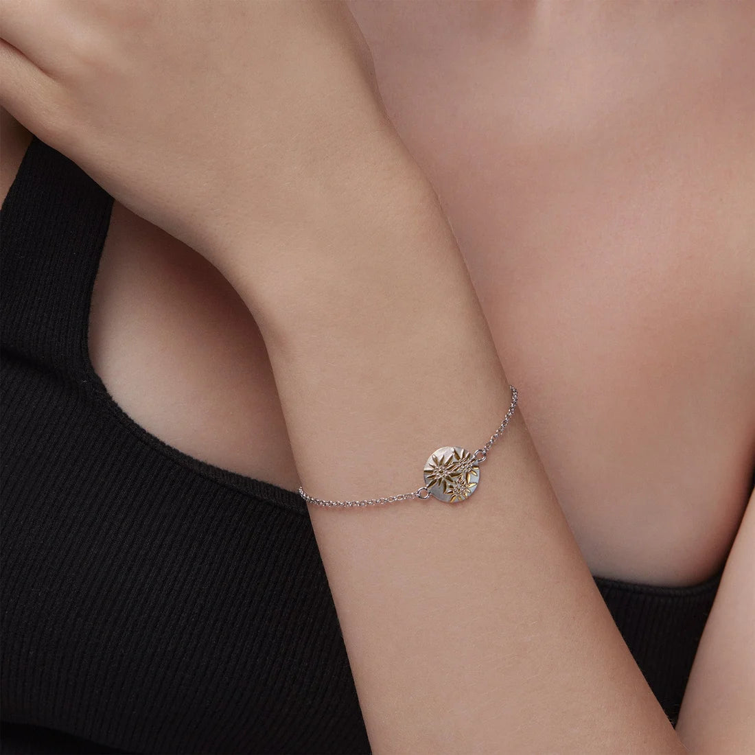 Sterlingsilber Bicolor Armband mit bombiertes Profil-Element Edelweiss Motiv BG-7006