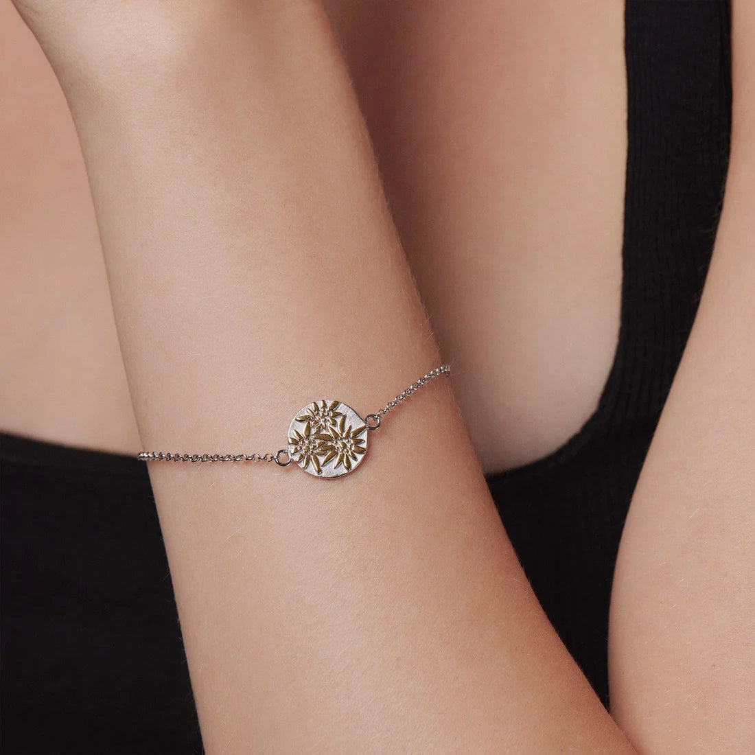 Sterlingsilber Bicolor Armband mit flaches Profil-Element Edelweiss Motiv BG-7004
