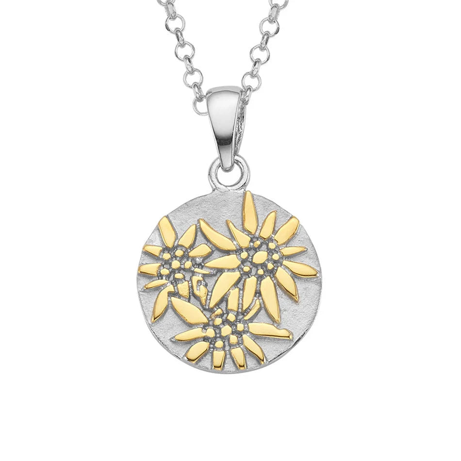 Sterlingsilber Bicolor Halskette und flaches Profil Anhänger mit Edelweiss Motiv NG-7006