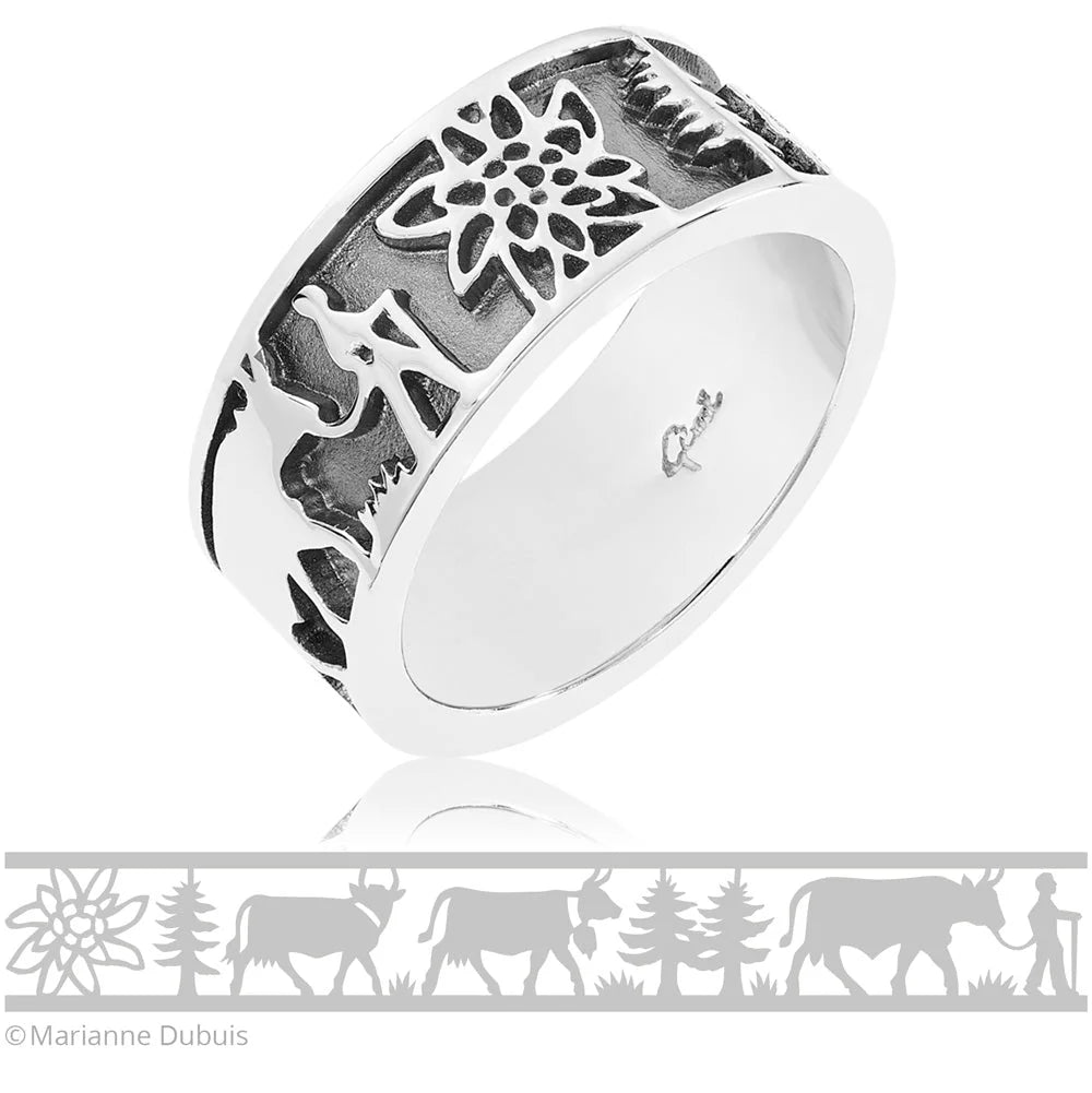 Sterlingsilber Edelweiss Ring mit Senn und Kühen R-7000-1