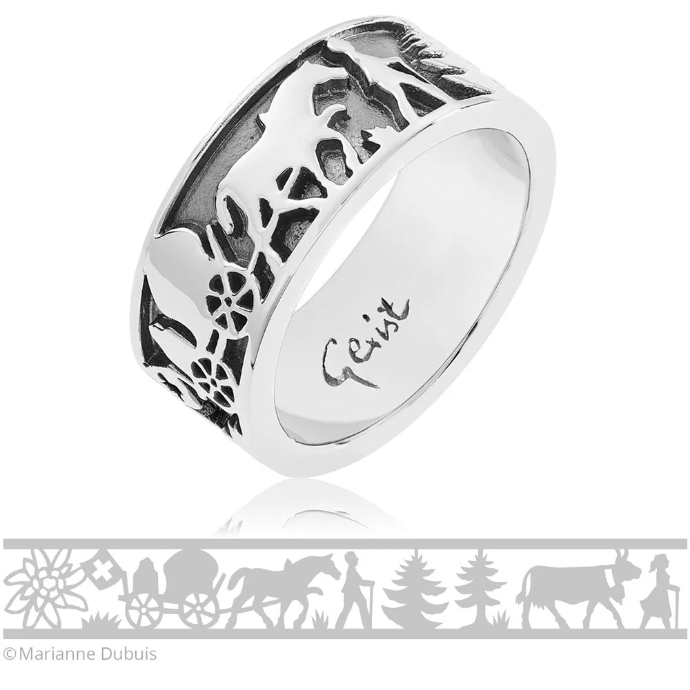Sterlingsilber Edelweiss Ring mit Käser und seinen Kühen R-7001-1