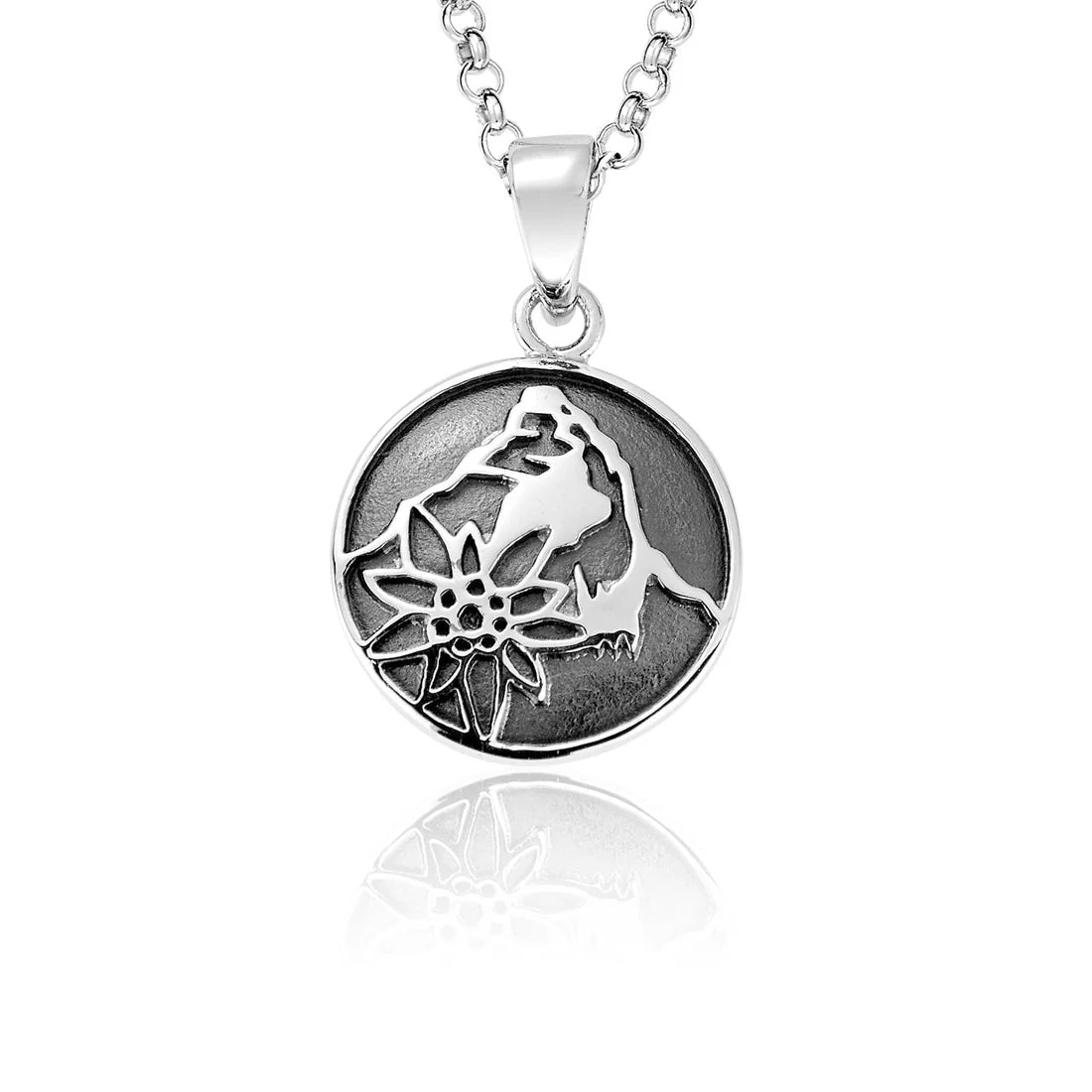 Sterlingsilber Halskette und bombiertes Profil Anhänger mit Matterhorn und Edelweiss Motiv N-7009