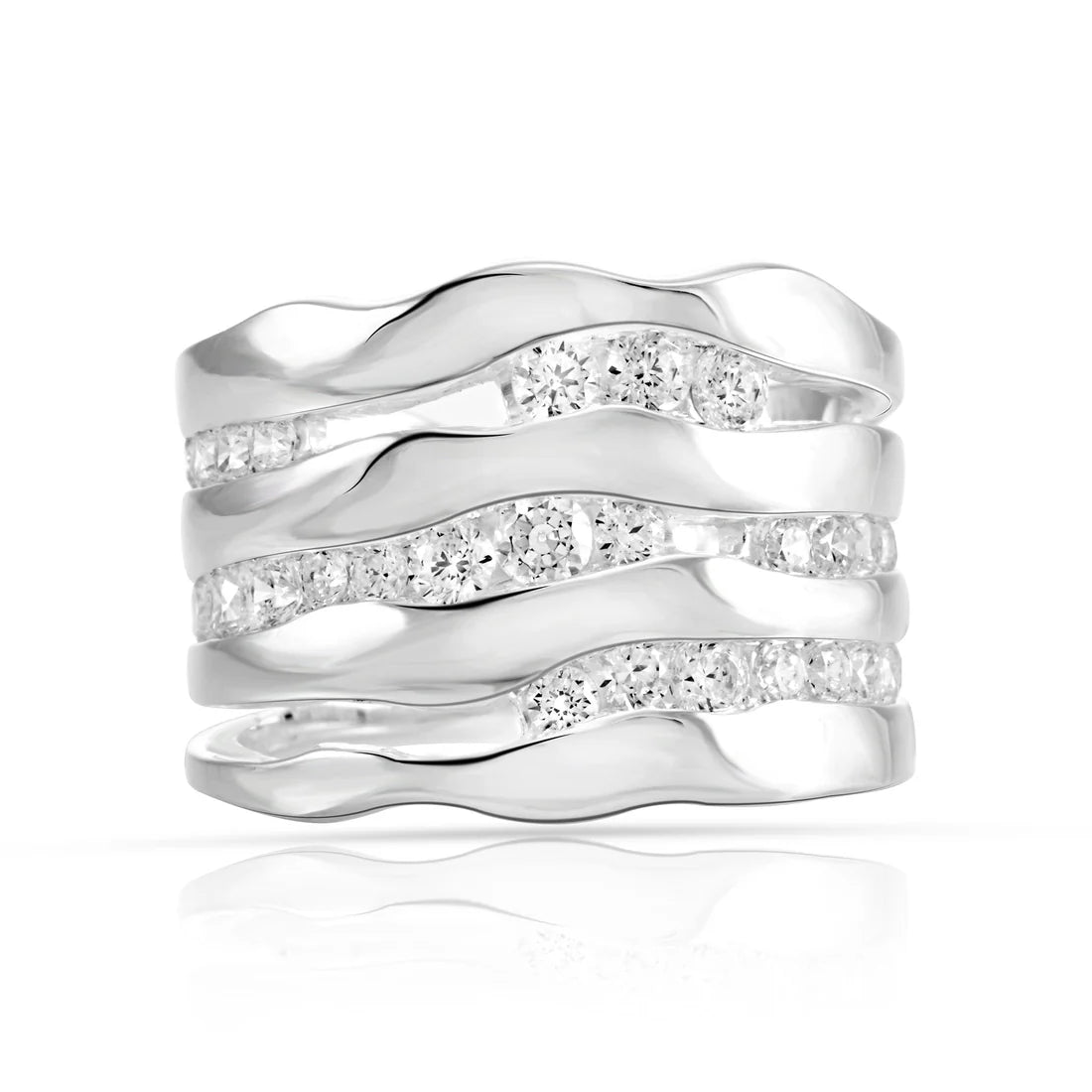 Ring aus Sterlingsilber mit glänzender Oberfläche, mehrreihiges Wellenmuster, dazwischen funkelnde weiße Zirkonia 20-1019-52
