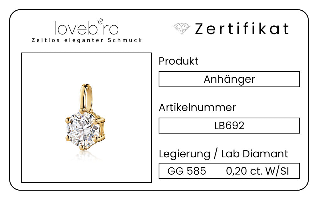 Lovebird Anhänger mit Lab Grown Brillant 0,20 ct. Gelbgold 585 LB692