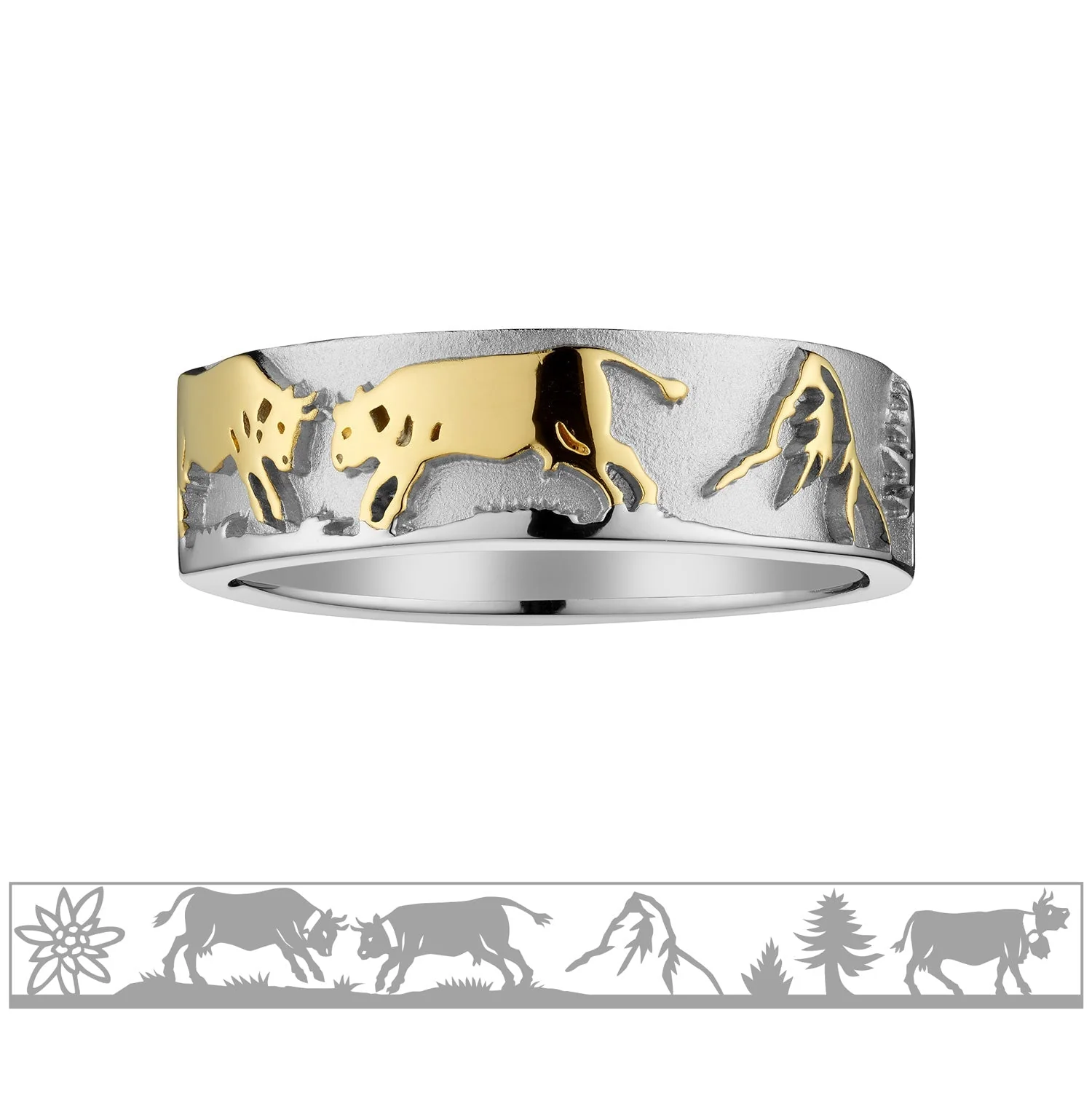 Bicolor Sterlingsilber Ring mit Kühen, Edelweiss, Matterhorn und Tannen RG-7012-1