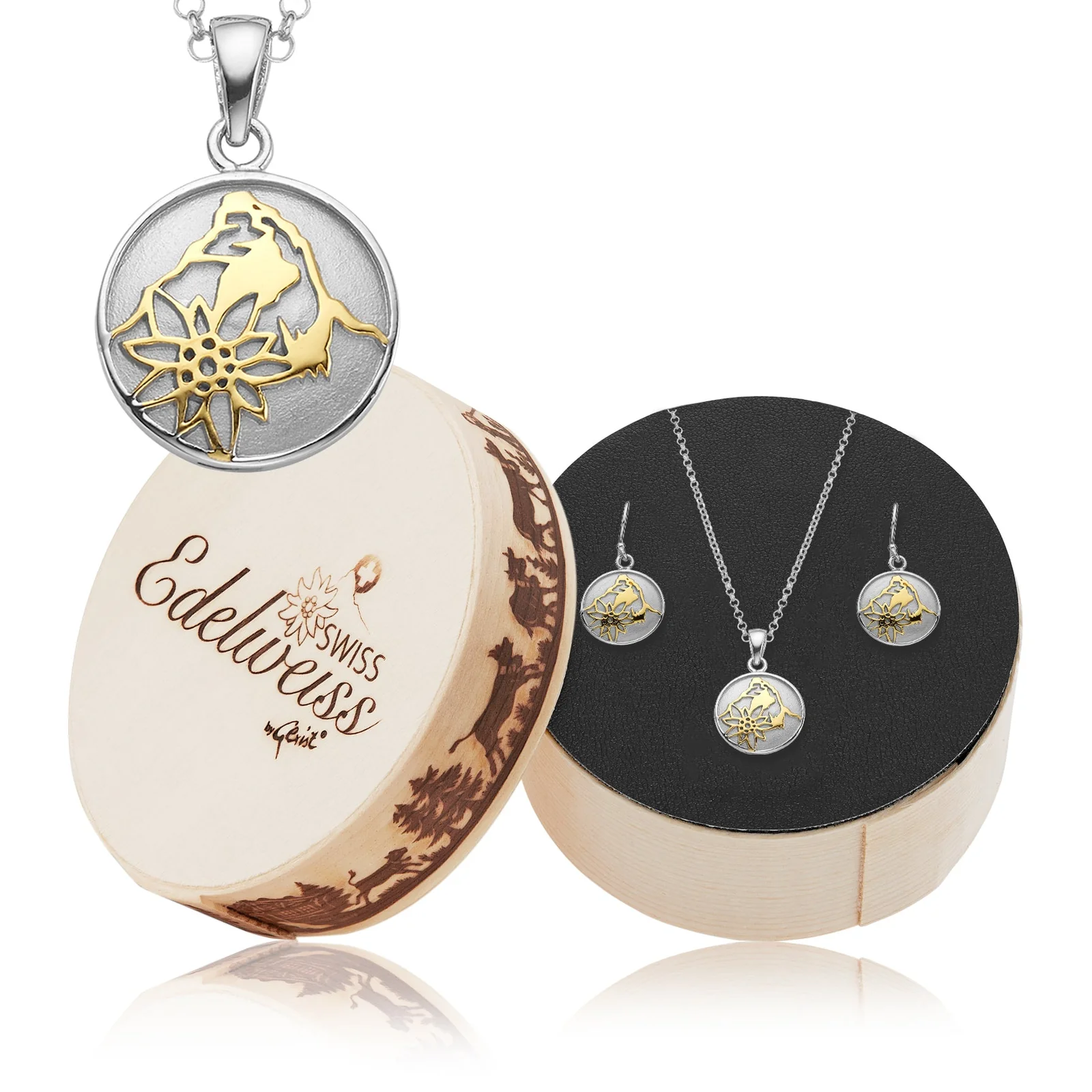 Set aus Halskette und Ohrringen aus Bicolor Sterling Silber mit Matterhorn und Edelweiss Motiv S-7004
