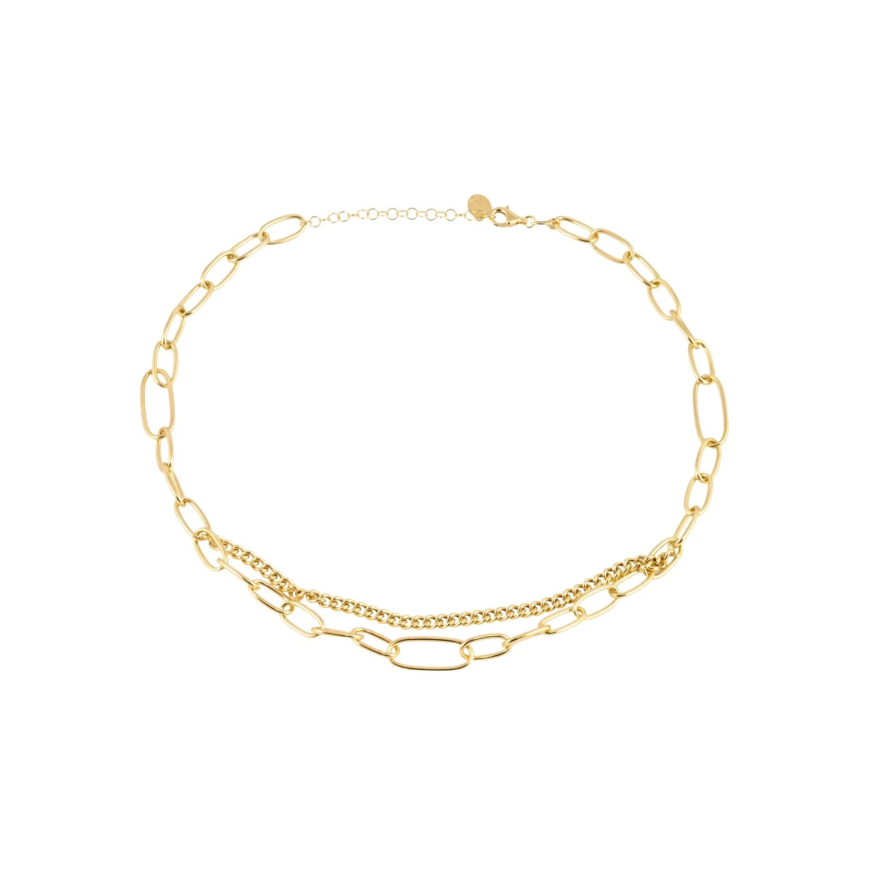 Halskette aus Sterlingsilber mit Gelbgoldbeschichtung bestehend aus ineinander verschlungenen ovalen Gliedern unterschiedlicher Größe und einer Gourmetgliederkette NG-1514