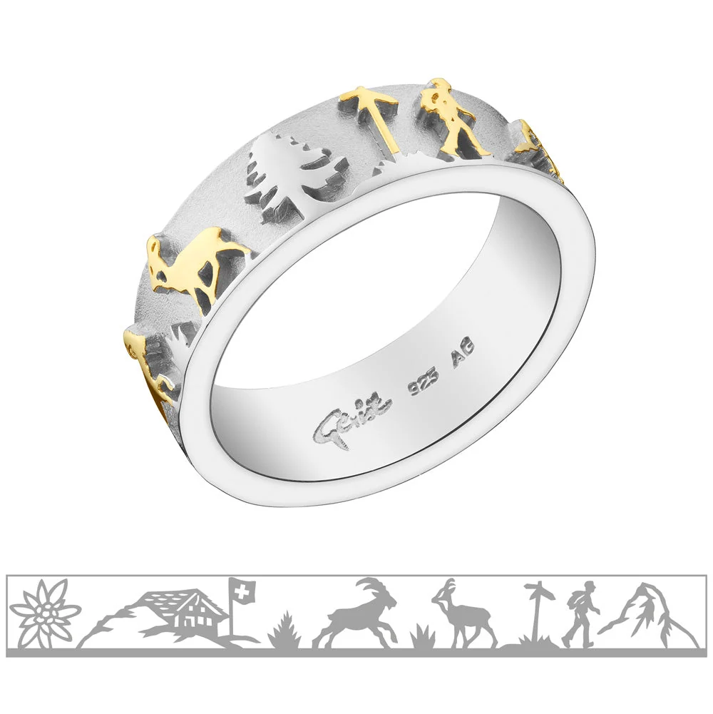 Sterlingsilber Bicolor Ring mit Steinbock, Gämse, Matterhorn, Edelweiss, Wanderer und Chalet RG-7011-1