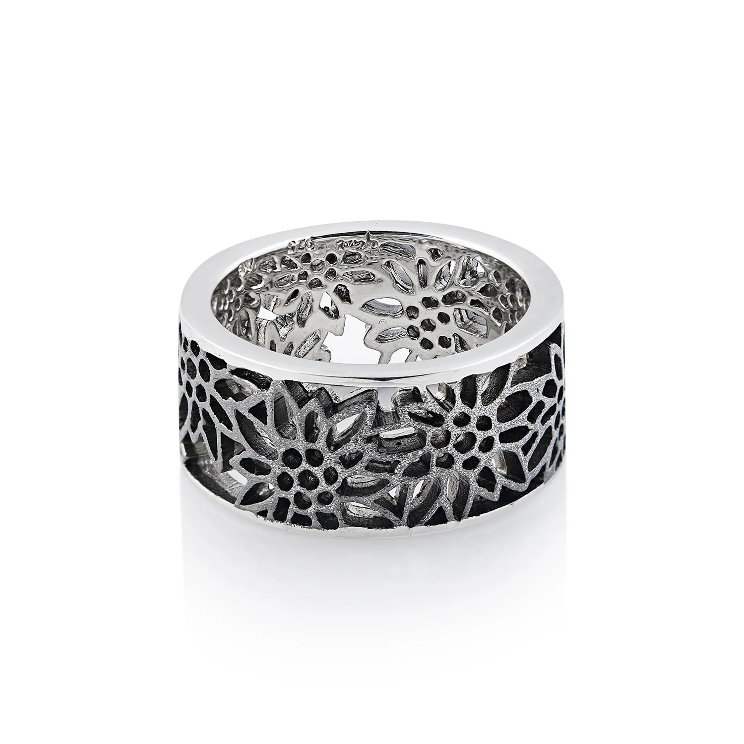 Breiter Ring aus Sterlingsilber mit Edelweiss Filigran Rhodium Schwarz R-8005