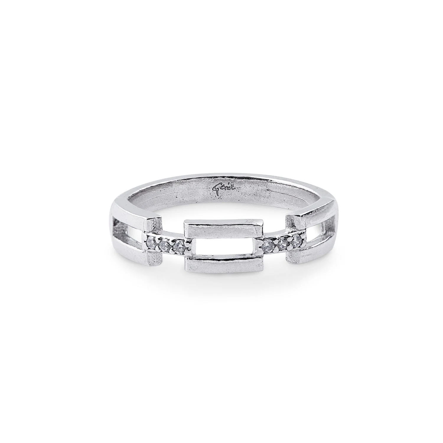 Ring aus Sterlingsilber, der ein modernes rechteckiges Design mit einem zarten Hauch von Glanz durch diese Zirkonia verbindet R-4358