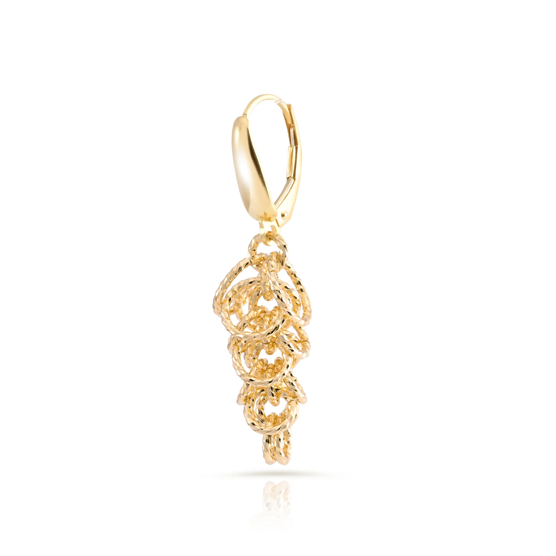 Sterling-Silber-Ohrringe mit Gelbgoldbeschichtung in länglicher Baumform, mit mehreren Ringen und glänzender Diamantschliff-Oberfläche EG-4620