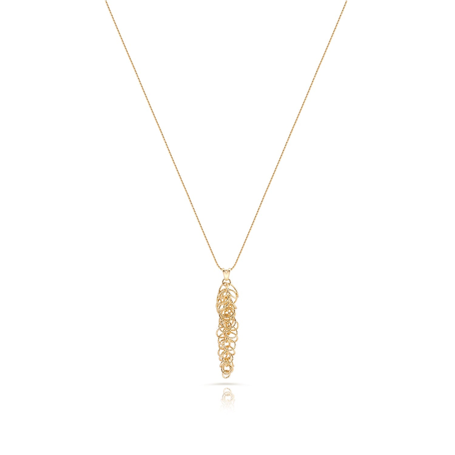 Sterling Silber Halskette mit Gelbgoldbeschichtung, lange, feine, gedrehte Kette, länglicher Baum-Anhänger, mehrere Ringe mit Diamantfinish NG-4626
