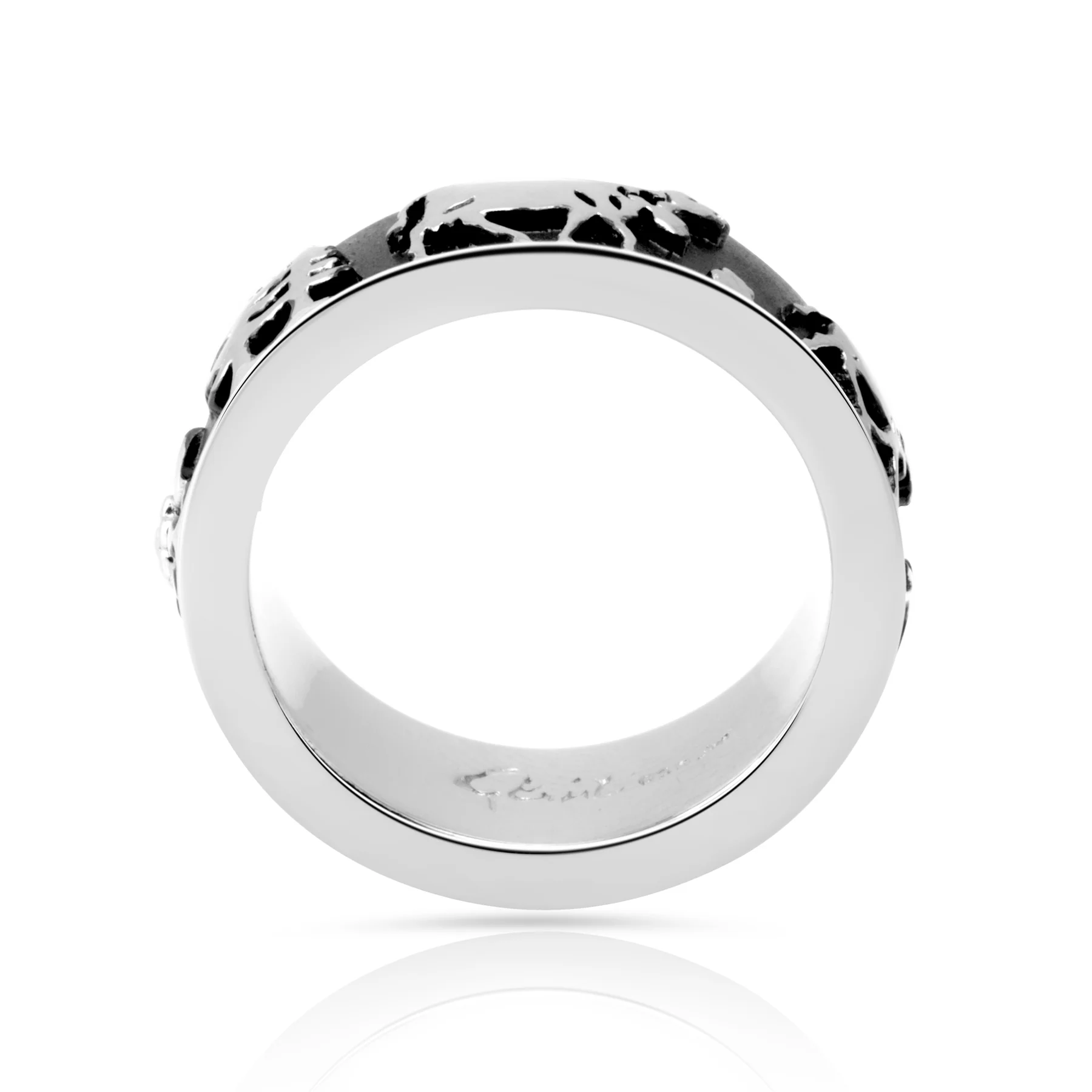 Ring aus schwarz rhodiniertem Sterlingsilber mit Kühen, Kälbern, Tannenbäumen, Edelweiss R-7023-48