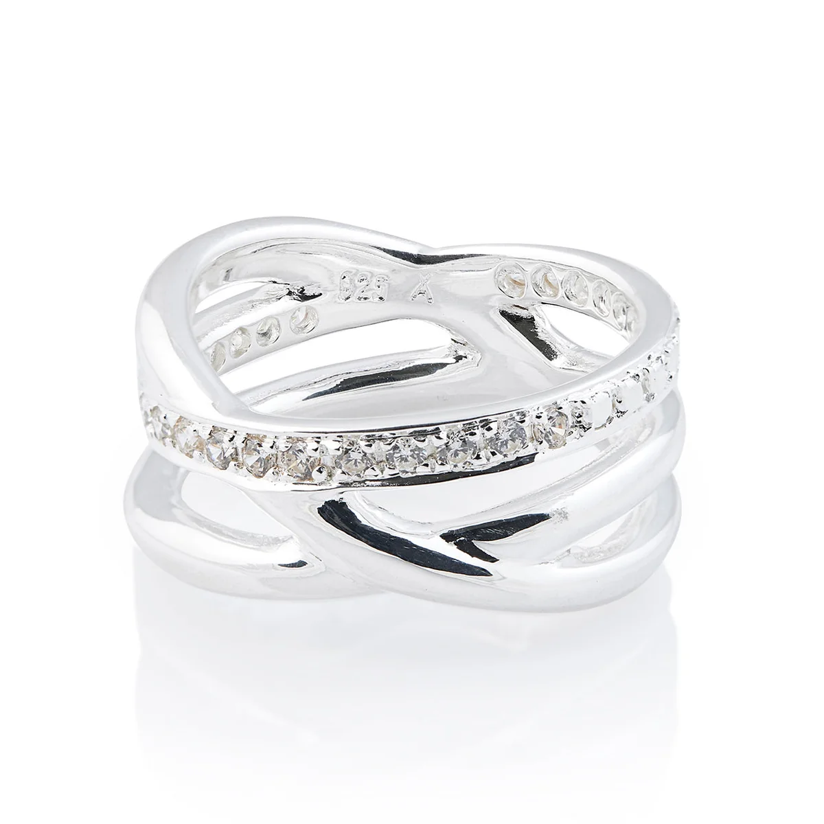 Ring aus Sterlingsilber, bestehend aus drei ineinander verschlungenen Ringen mit weißen Zirkonia von 2mm 20-1032