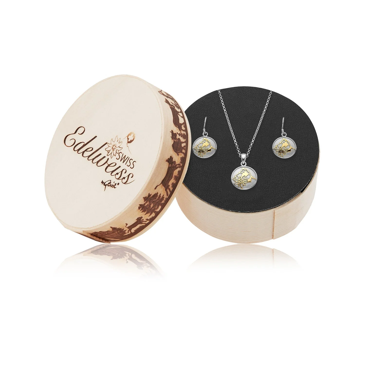 Set aus Halskette und Ohrringen aus Bicolor Sterling Silber mit Matterhorn und Edelweiss Motiv S-7004