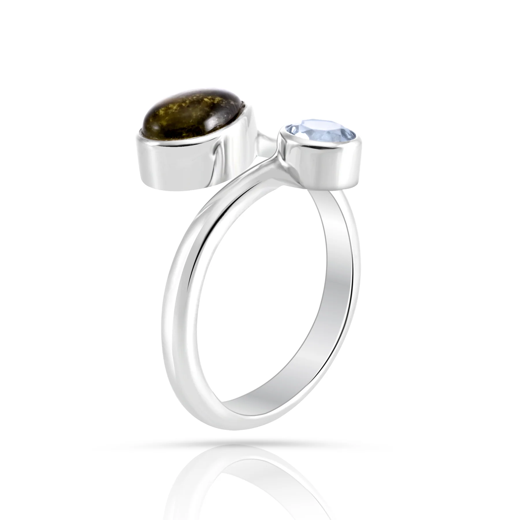 Verstellbarer Ring aus Sterlingsilber mit Cabochon aus Turmalin und rundem, facettiertem blauem Topas R-4589-50