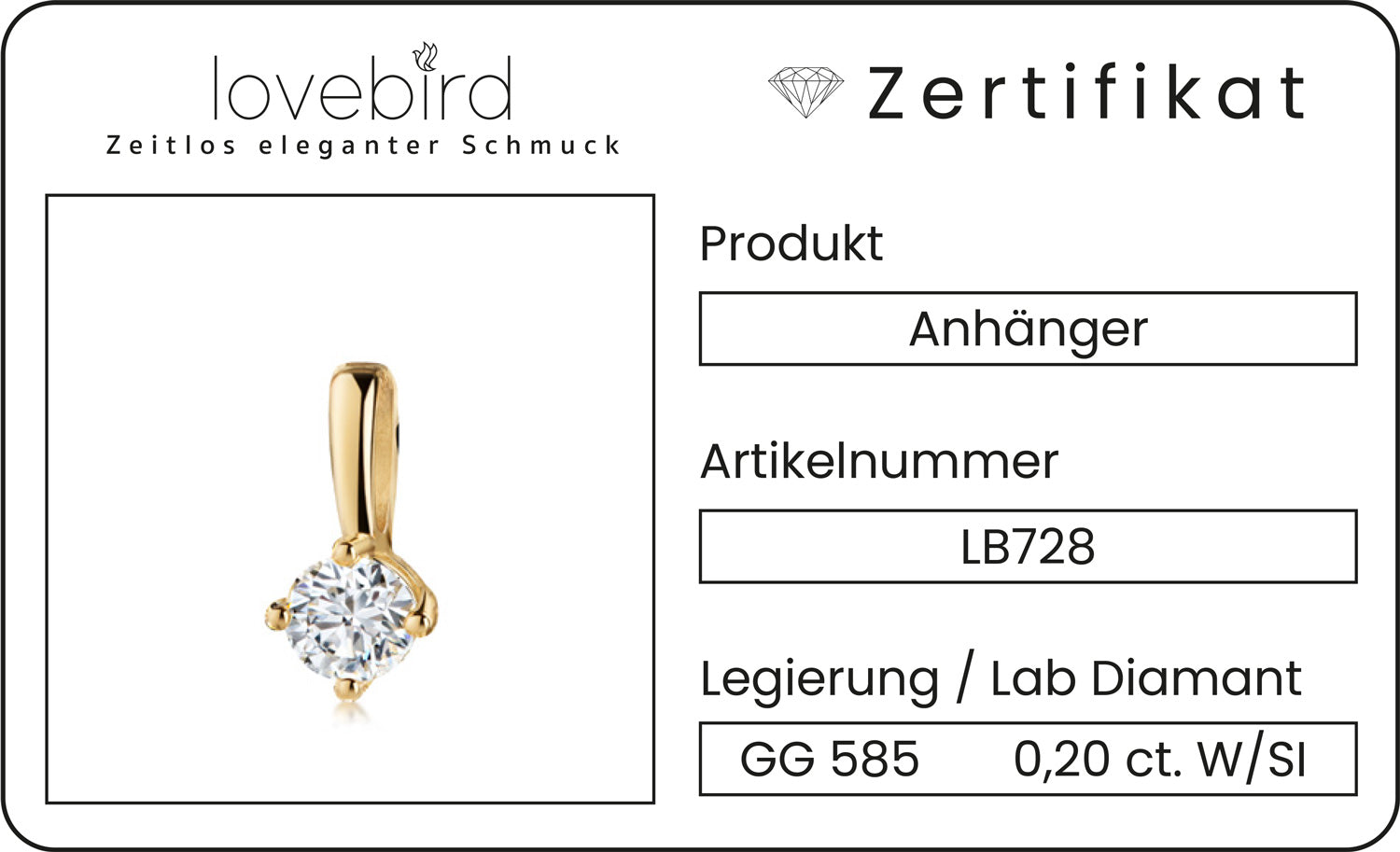 Lovebird Anhänger mit Lab Grown Brillant 0,20 ct. Gelbgold 585 LB680