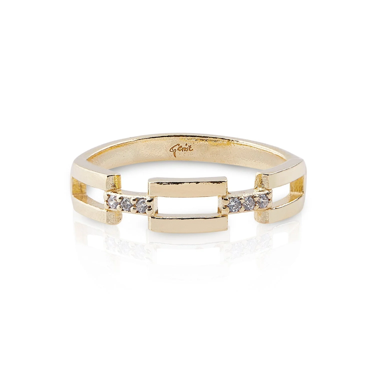 Ring aus Sterlingsilber mit Gelbgoldauflage, der ein modernes rechteckiges Design mit einem zarten Hauch von Glanz durch diese Zirkonia verbindet RG-4359-51