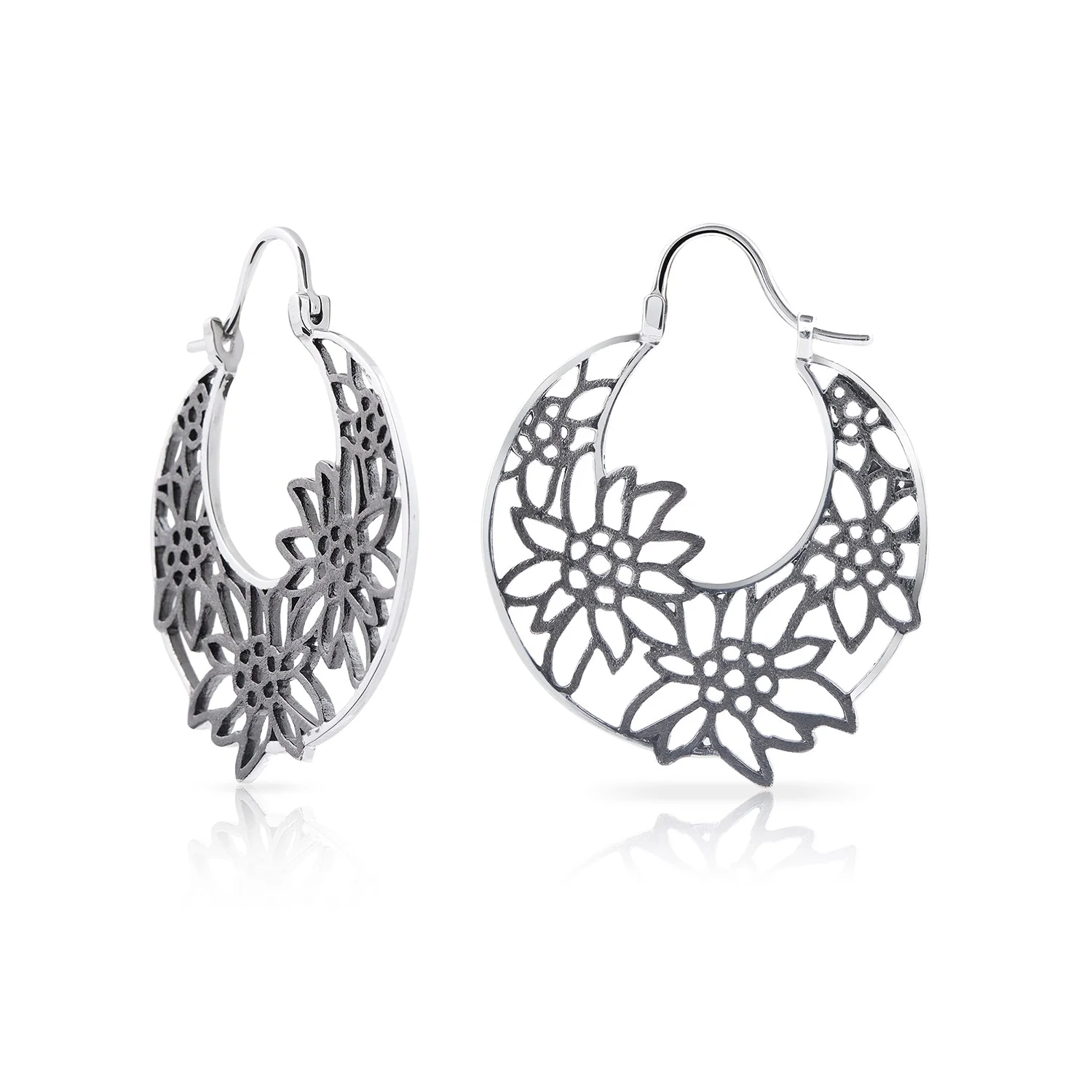 Kleine Creole Sterlingsilber Edelweiss Filigran Rhodium Schwarz Korbform E-7019