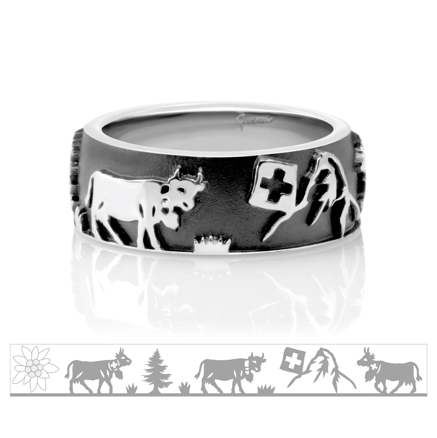 Schwarzer Rhodium-Sterlingsilberring mit Matterhorn, Tannenbäumen, Kühen und Edelweiss R-7021-48