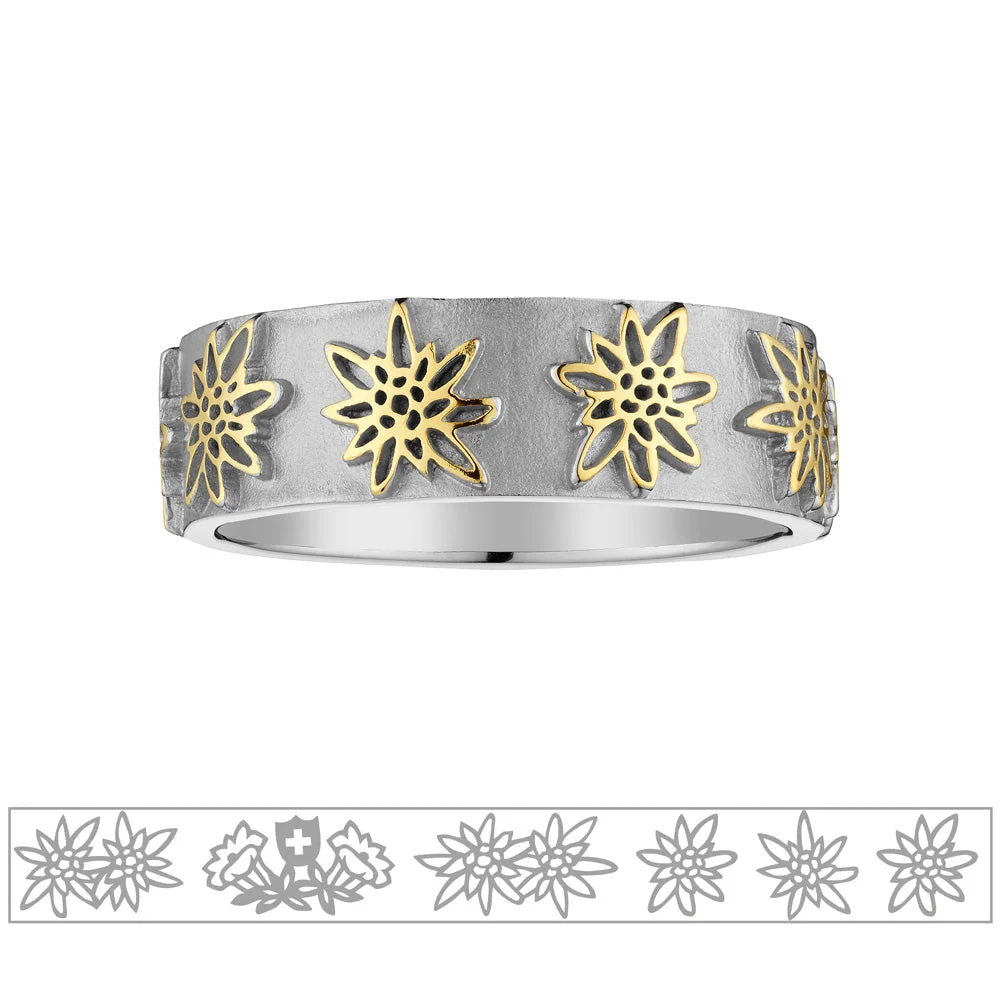 Sterlingsilber Bicolor Ring mit einem Strauss Edelweiss RG-7013-1