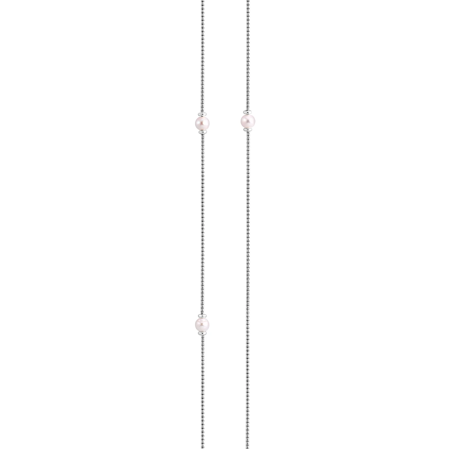 Halskette aus rhodiniertem Sterlingsilber mit langer glänzender geflochtener Kette und mehreren runden weißen Süßwasserperlen als Zwischenstücke N-4641
