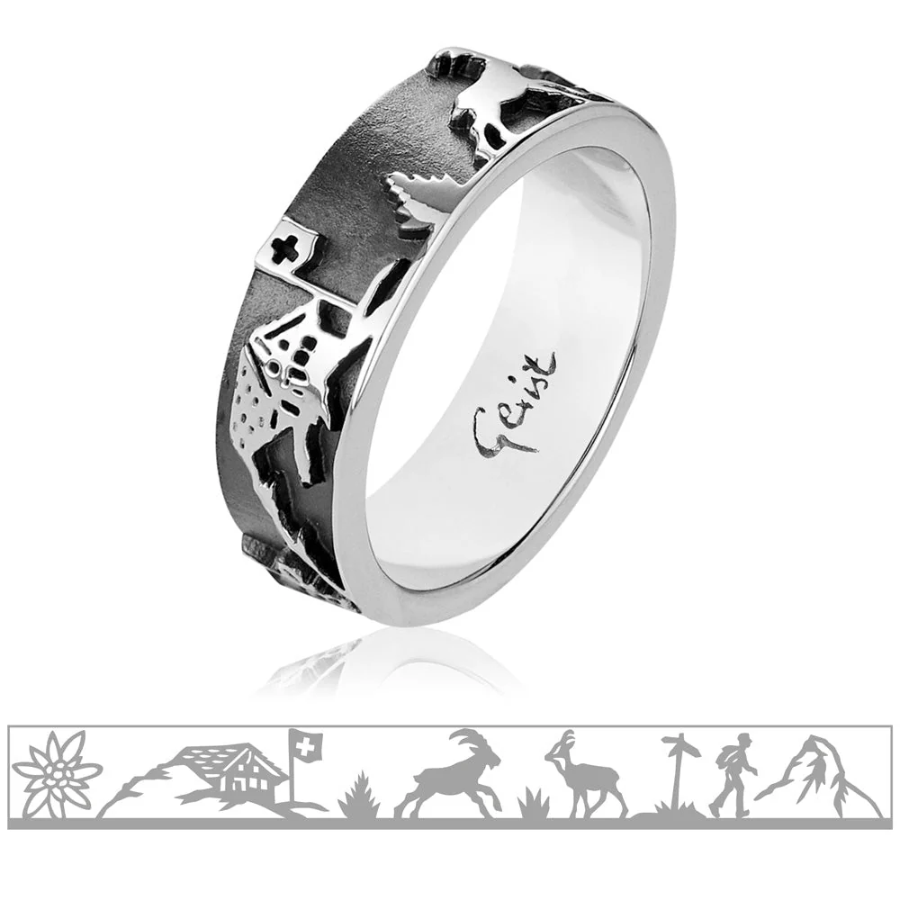 Sterlingsilber Ring mit Steinböcken, Gämse, Matterhorn, Edelweiss, Wanderern und Chalet R-7008-1