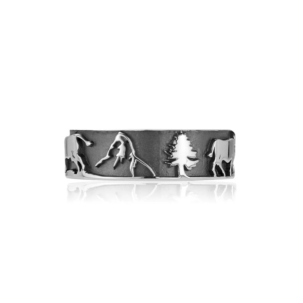 Edelweiss Ring Sterlingsilber mit Edelweiss, Matterhorn, seine Kühe und Tannen verziert R-7009-1