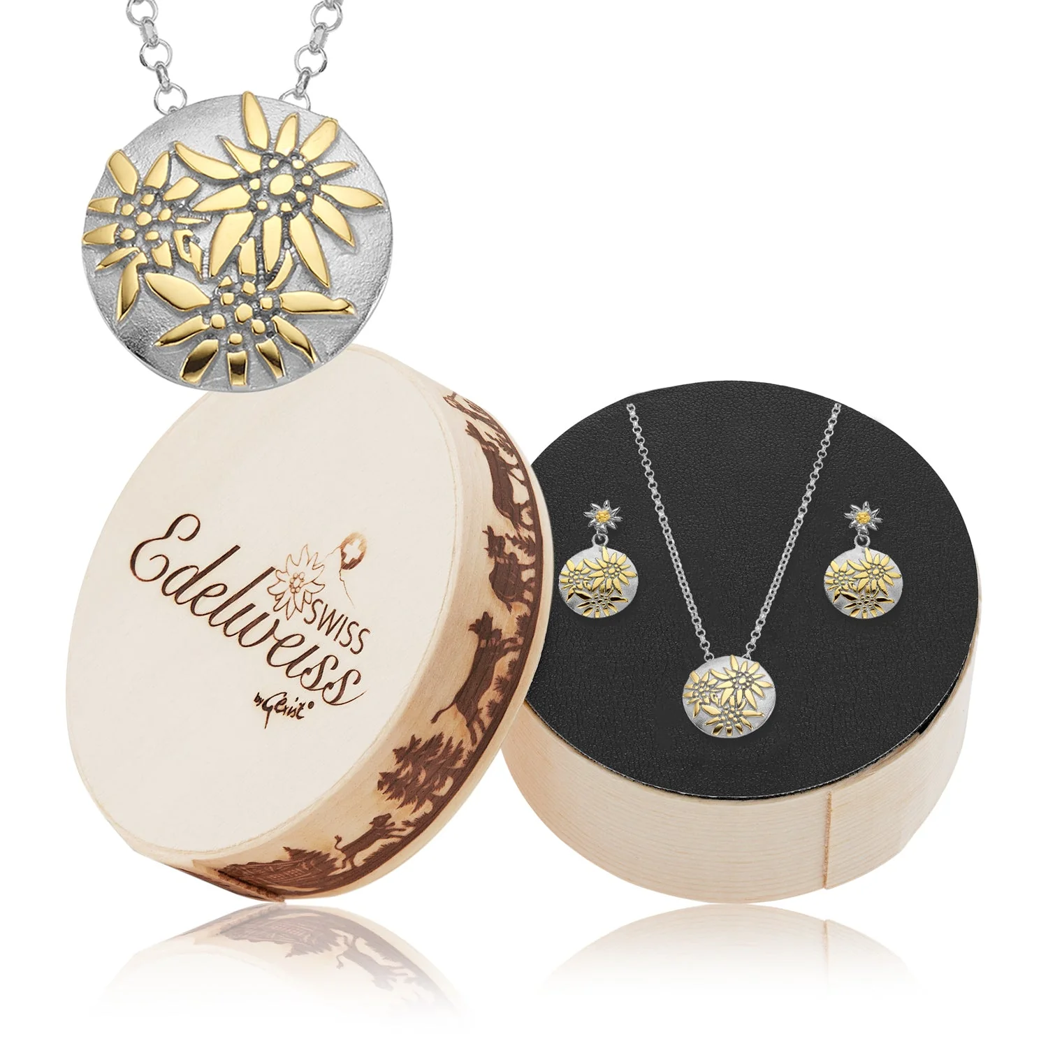 Set aus Halskette und Ohrringen aus Bicolor Sterlingsilber mit Edelweiss Motiv S-7003