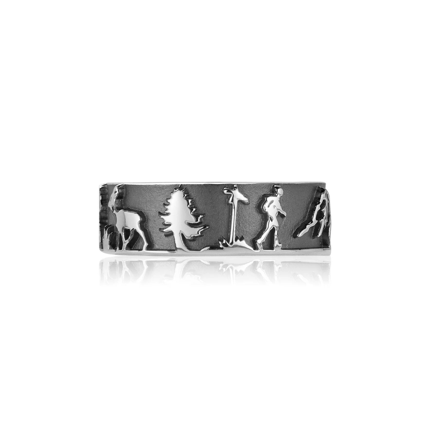 Sterlingsilber Ring mit Steinböcken, Gämse, Matterhorn, Edelweiss, Wanderern und Chalet R-7008-1