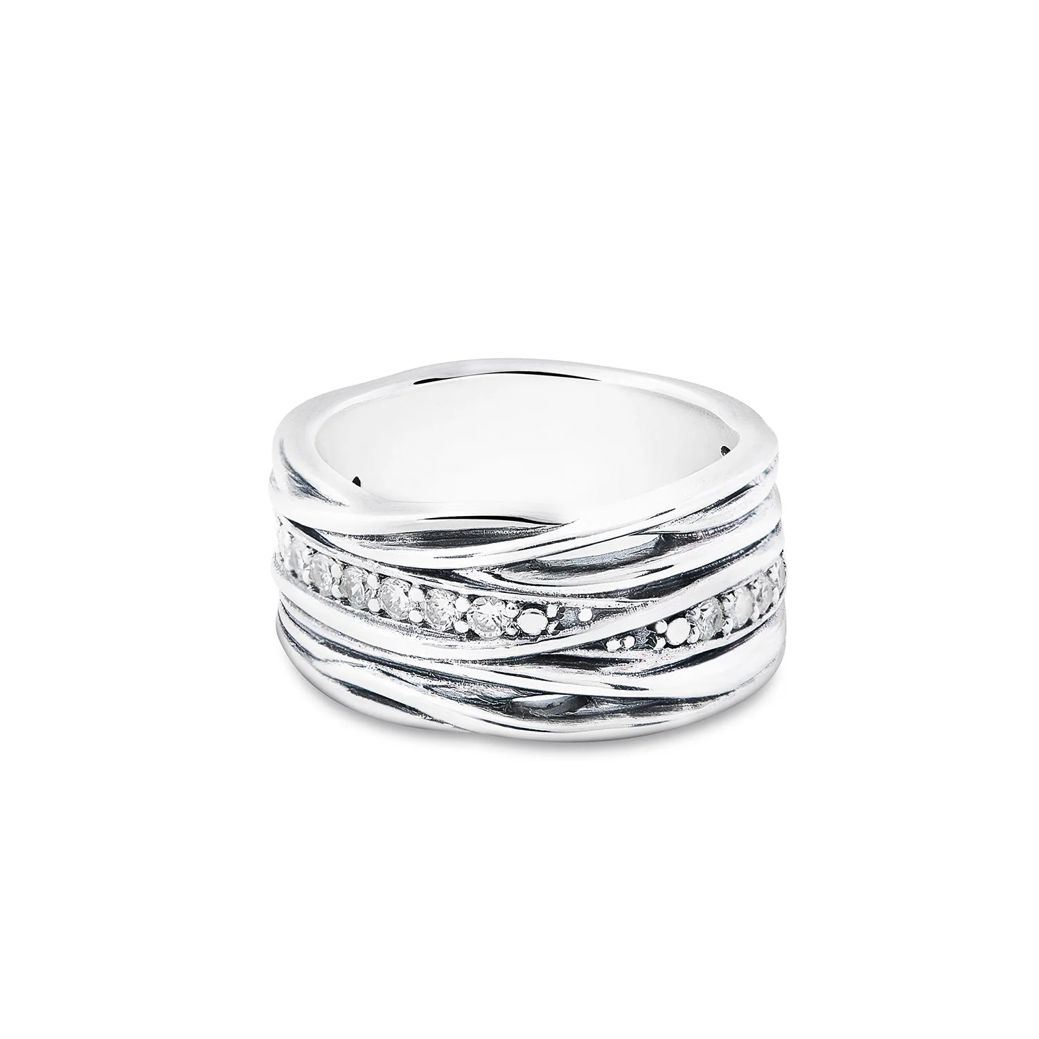 Ring aus Sterlingsilber mit ineinander verschlungenen Silberfäden, besetzt mit einem Zirkonia-Streifen und mit einem Hauch von Oxidation 20-1010