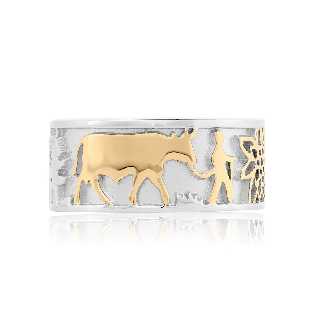 Sterlingsilber zweifarbiger Edelweiß-Ring mit Senn und Kühen RG-7004-1