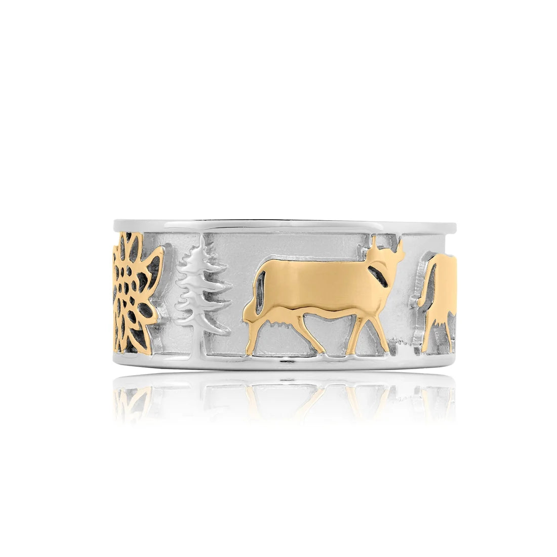 Sterlingsilber zweifarbiger Edelweiß-Ring mit Senn und Kühen RG-7004-1