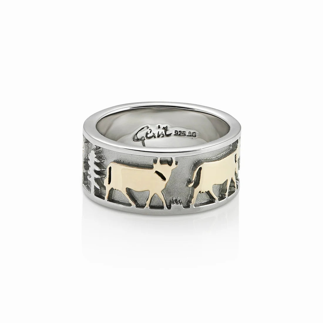 Sterlingsilber zweifarbiger Edelweiß-Ring mit Senn und Kühen RG-7004-1