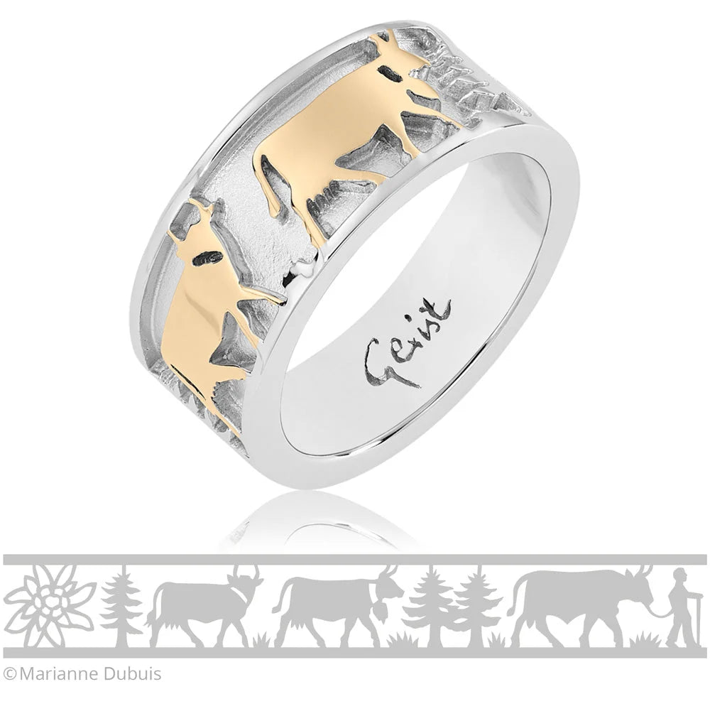 Sterlingsilber zweifarbiger Edelweiß-Ring mit Senn und Kühen RG-7004-1