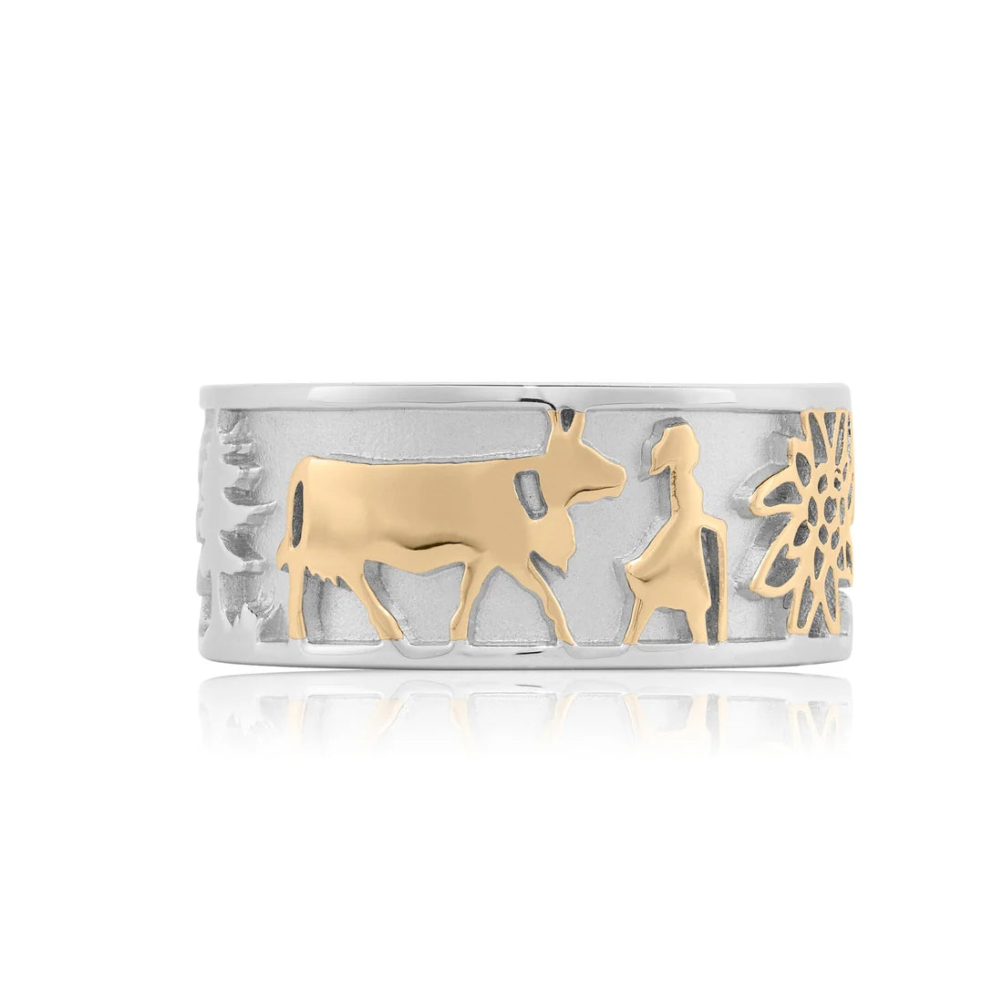 Zweifarbiger Sterlingsilber Edelweiß-Ring mit Käser und seinen Kühen RG-7005-1