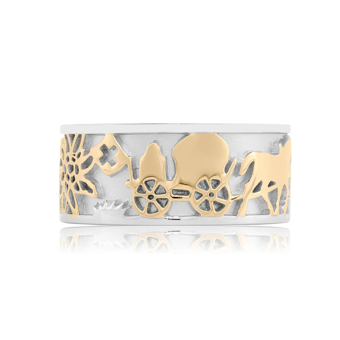 Zweifarbiger Sterlingsilber Edelweiß-Ring mit Käser und seinen Kühen RG-7005-1