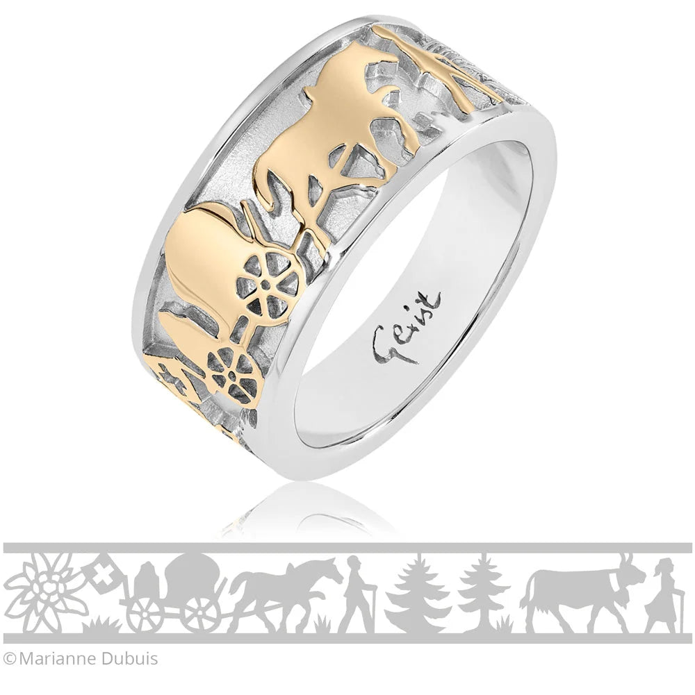 Zweifarbiger Sterlingsilber Edelweiß-Ring mit Käser und seinen Kühen RG-7005-1