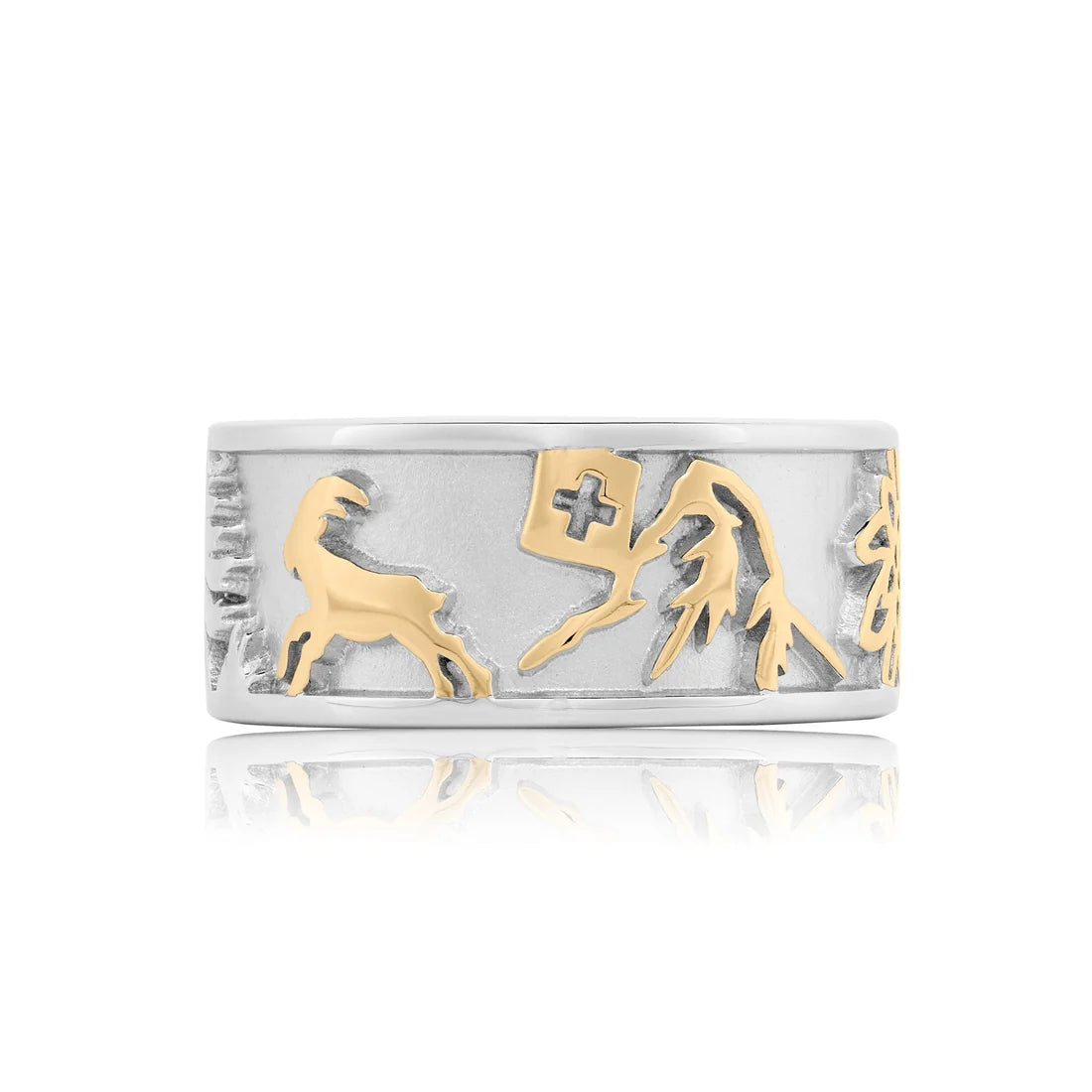 Zweifarbiger Sterlingsilber Ring mit Steinbock, Matterhorn, Edelweiß und Alphorn RG-7006-1