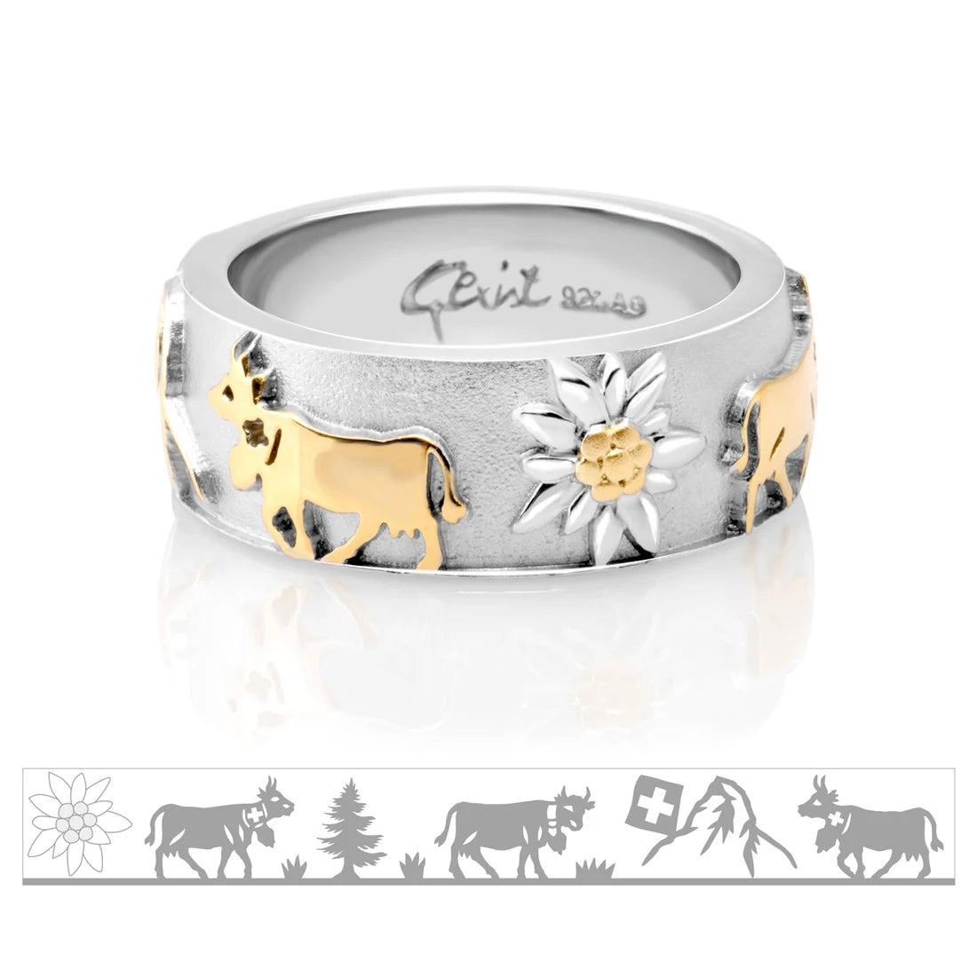 Bicolor Ring aus Sterlingsilber mit Kühen, Matterhorn und Edelweiss RG-7020-48