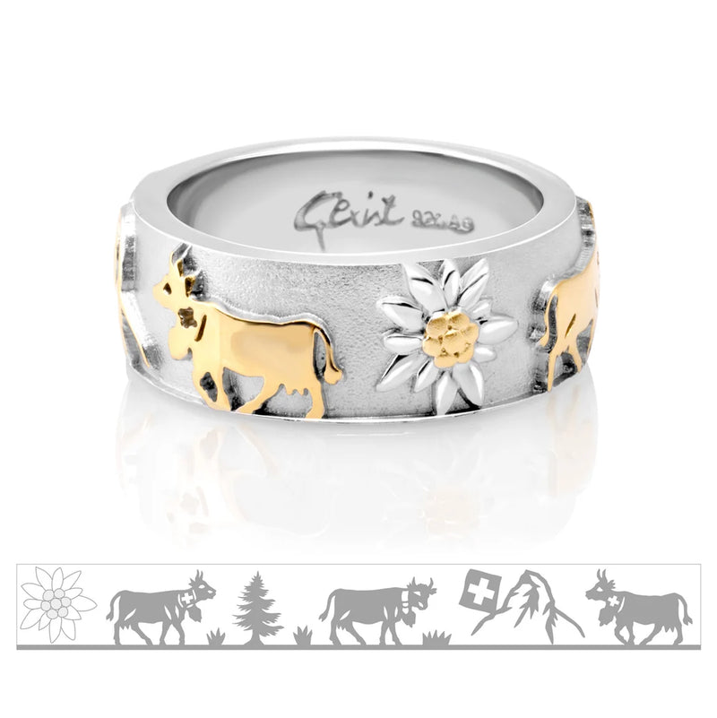 Bicolor Ring aus Sterlingsilber mit Kühen, Matterhorn und Edelweiss RG-7020-48
