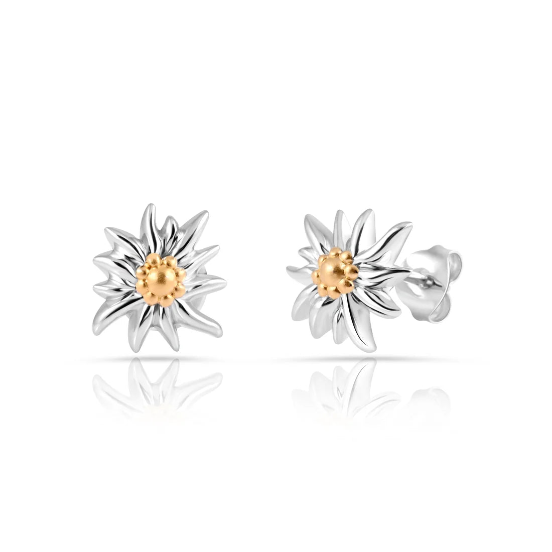 Kleine Ohrstecker aus bicolor, rhodiniertem und gelbgoldplattiertem Sterling Silber die den Edelweiss EG-8022