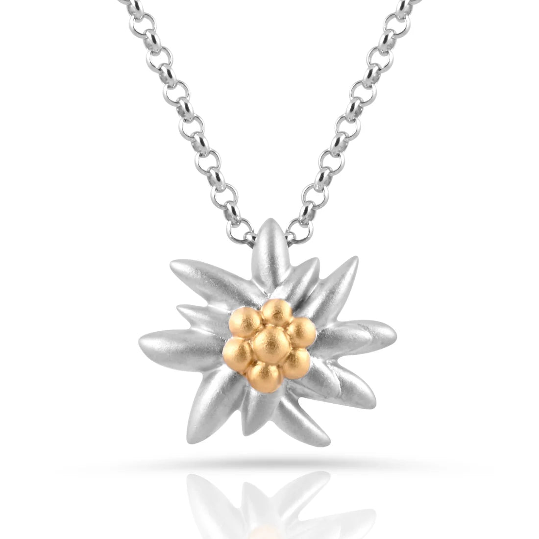 Halskette mit Edelweiss-Anhänger aus bicolor, rhodiniertem Satin und Gelbgoldplattierung die den Edelweiss NG-8024