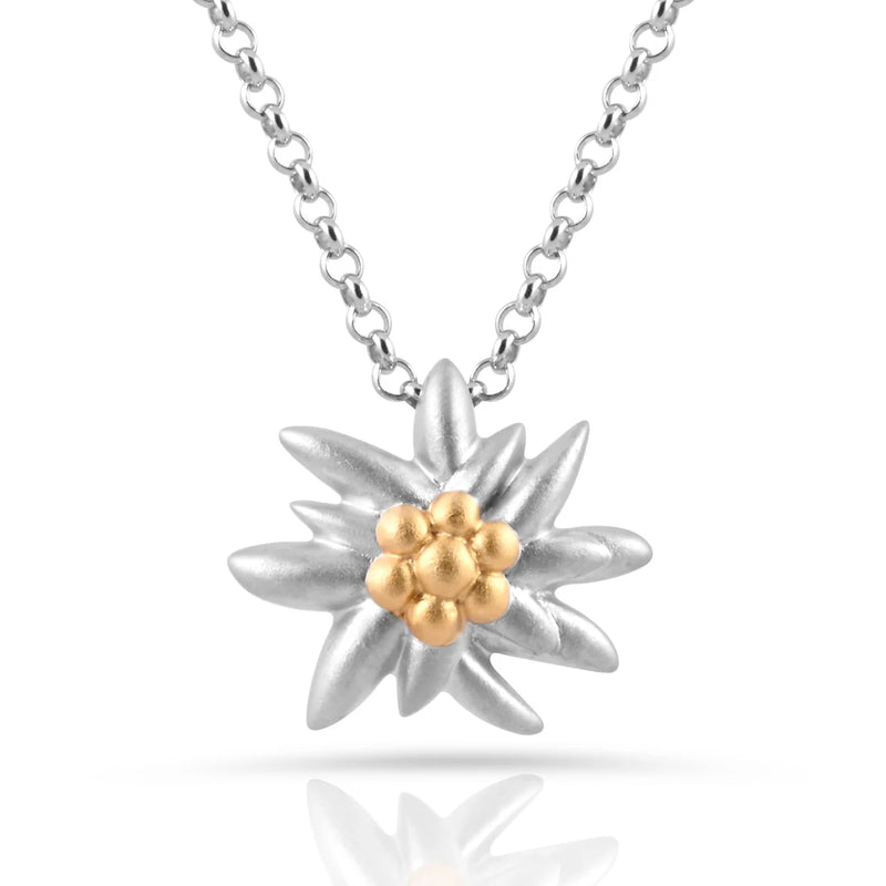 Halskette mit Edelweiss-Anhänger aus bicolor, rhodiniertem Satin und Gelbgoldplattierung die den Edelweiss NG-8024