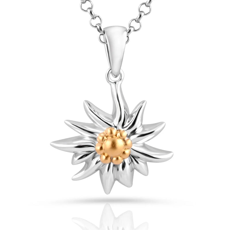 Halskette mit Edelweiss-Anhänger, glänzend, bicolor, rhodiniert, gelbgoldplattiert der den Edelweiss NG-8017