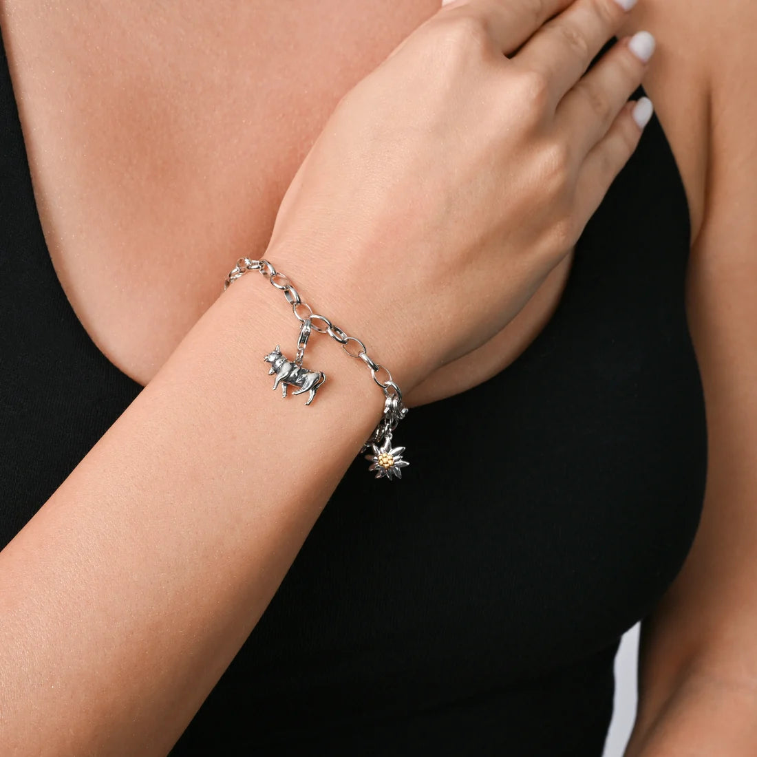 Bicolor Silber Charm rhodiniert mit Edelweiss Motiv CG-8030